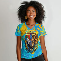 Saint Lucia Kings Cricket Women V-Neck T-Shirt Crowned Lion And Parrot Half Style
