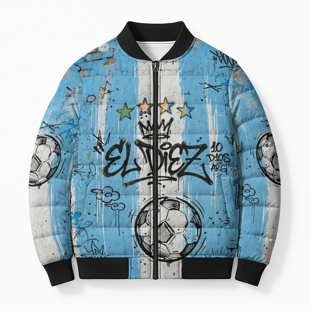 El Diez Argentina GOAT 10 Football Bomber Puffer Jacket Goat Mascot King Crown Graffiti Art