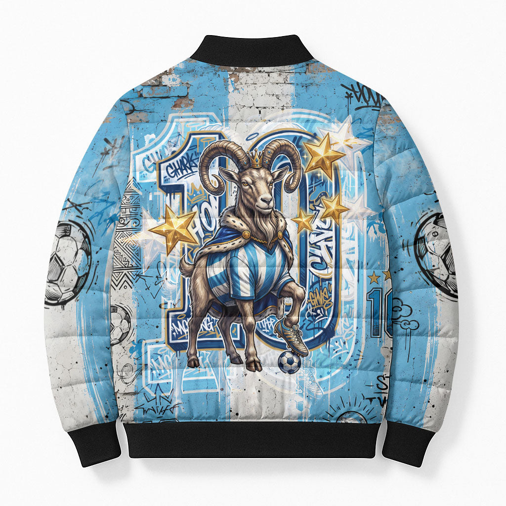 El Diez Argentina GOAT 10 Football Bomber Puffer Jacket Goat Mascot King Crown Graffiti Art