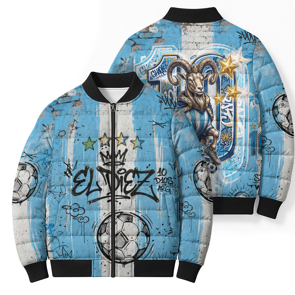 El Diez Argentina GOAT 10 Football Bomber Puffer Jacket Goat Mascot King Crown Graffiti Art