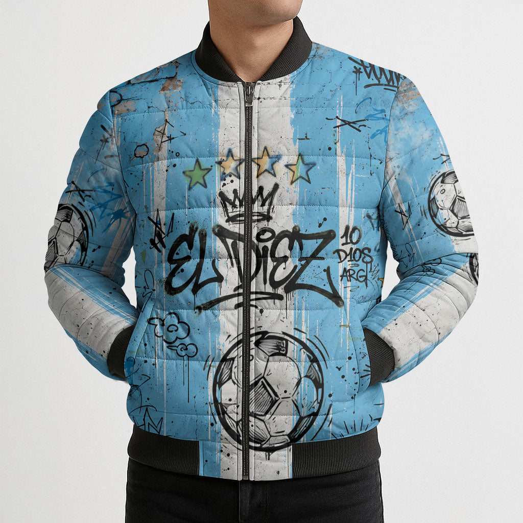 El Diez Argentina GOAT 10 Football Bomber Puffer Jacket Goat Mascot King Crown Graffiti Art