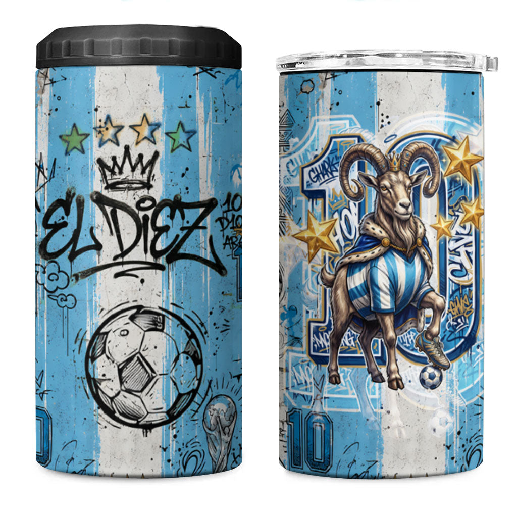 El Diez Argentina GOAT 10 Football 4 in 1 Can Cooler Tumbler Goat Mascot King Crown Graffiti Art