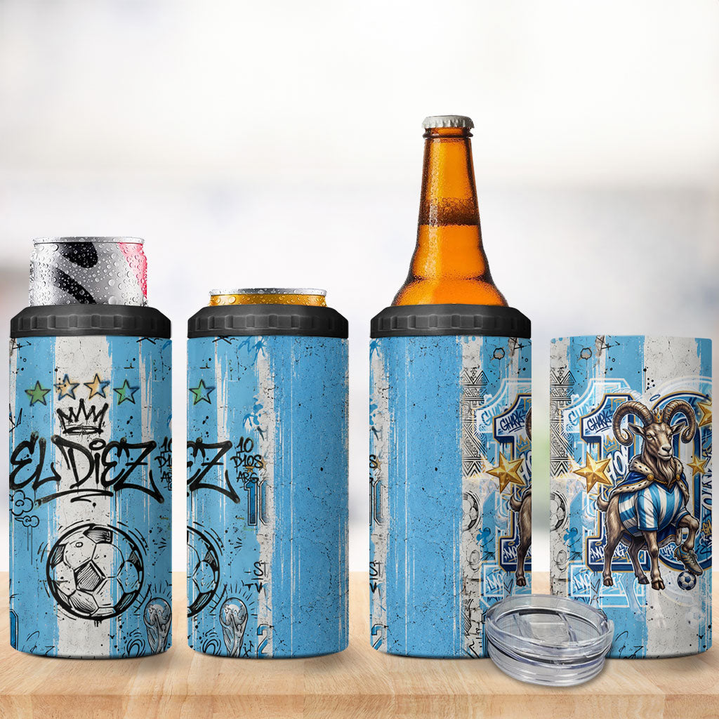 El Diez Argentina GOAT 10 Football 4 in 1 Can Cooler Tumbler Goat Mascot King Crown Graffiti Art