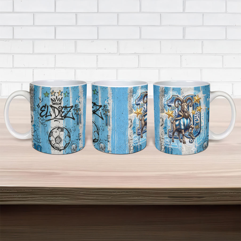 El Diez Argentina GOAT 10 Football Ceramic Mug Goat Mascot King Crown Graffiti Art
