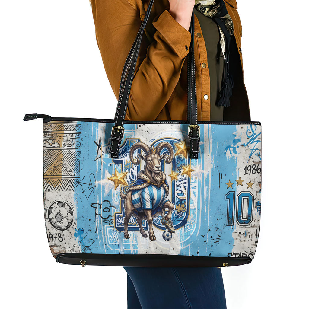 El Diez Argentina GOAT 10 Football Leather Tote Bag Goat Mascot King Crown Graffiti Art