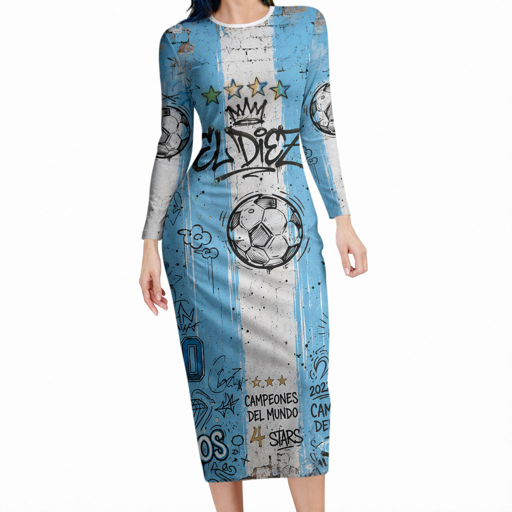 El Diez Argentina GOAT 10 Football Long Sleeve Bodycon Dress Goat Mascot King Crown Graffiti Art