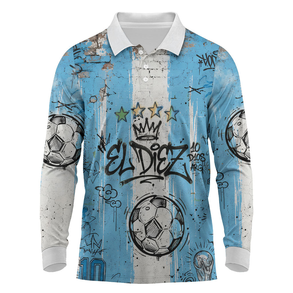 El Diez Argentina GOAT 10 Football Long Sleeve Polo Shirt Goat Mascot King Crown Graffiti Art