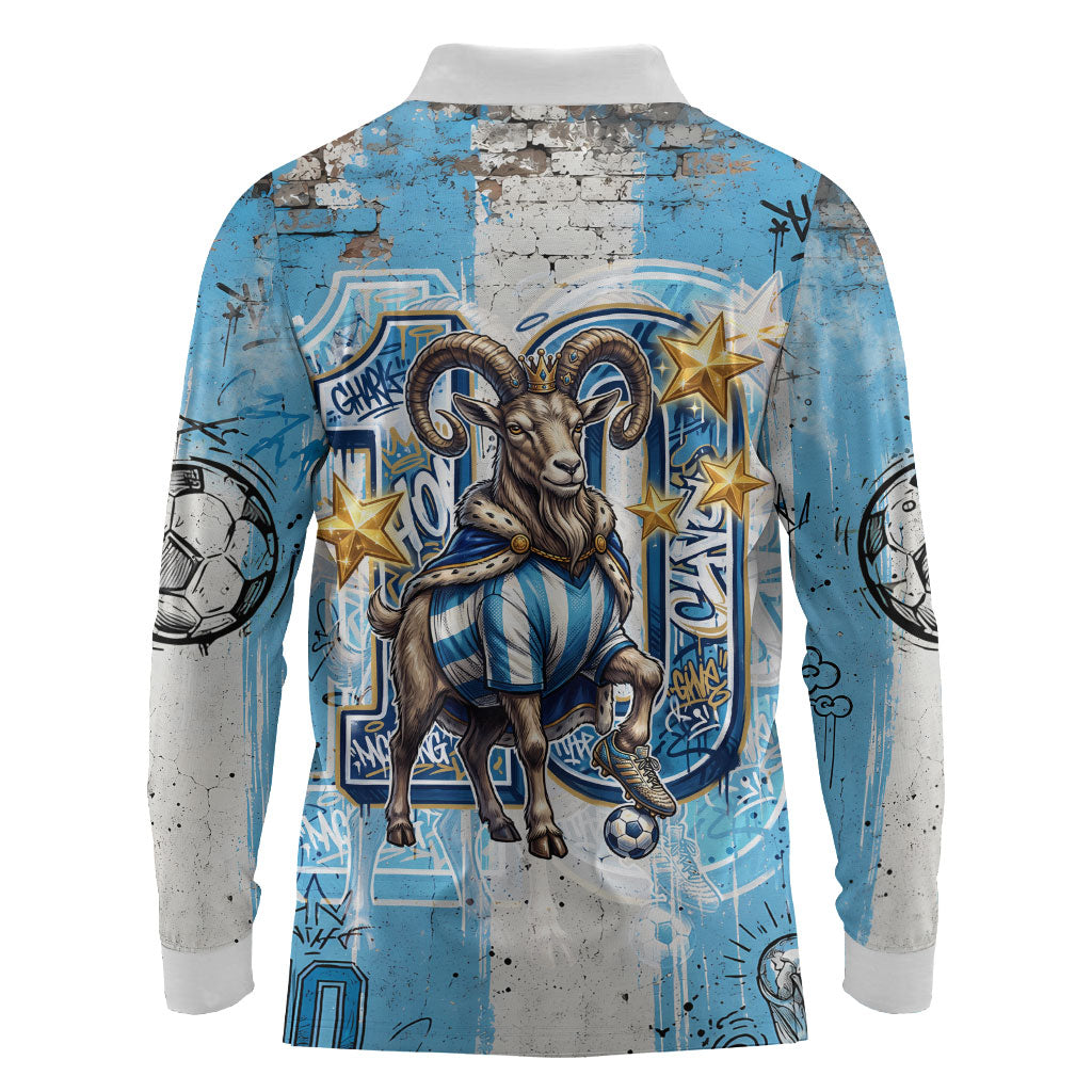 El Diez Argentina GOAT 10 Football Long Sleeve Polo Shirt Goat Mascot King Crown Graffiti Art
