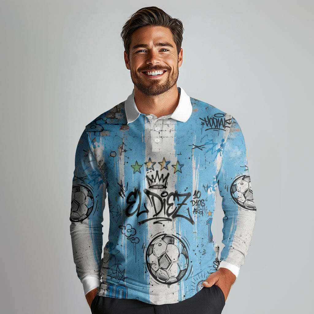 El Diez Argentina GOAT 10 Football Long Sleeve Polo Shirt Goat Mascot King Crown Graffiti Art