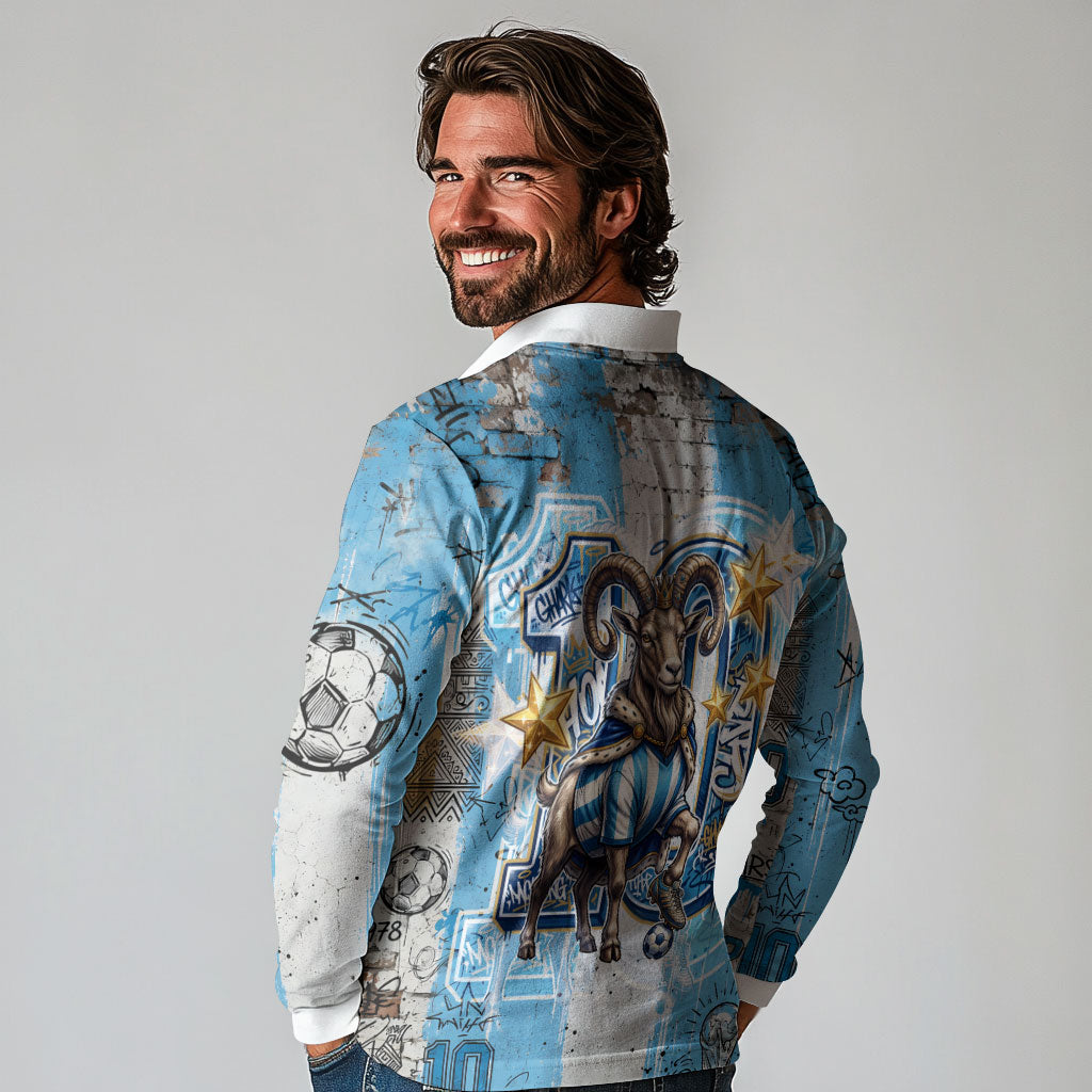 El Diez Argentina GOAT 10 Football Long Sleeve Polo Shirt Goat Mascot King Crown Graffiti Art