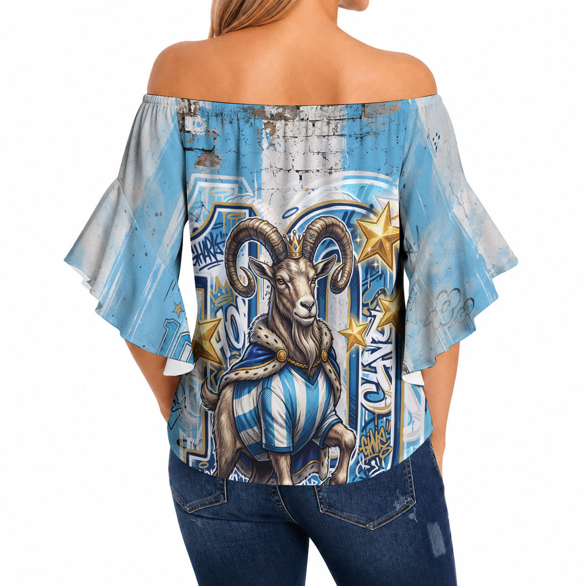 El Diez Argentina GOAT 10 Football Off Shoulder Wrap Waist Top Goat Mascot King Crown Graffiti Art