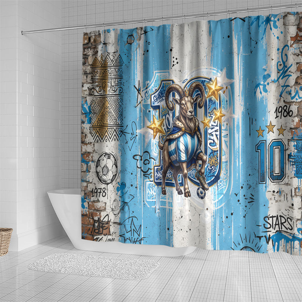 El Diez Argentina GOAT 10 Football Shower Curtain Goat Mascot King Crown Graffiti Art