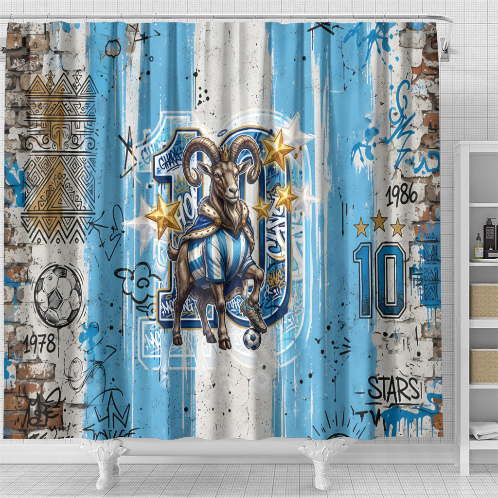 El Diez Argentina GOAT 10 Football Shower Curtain Goat Mascot King Crown Graffiti Art