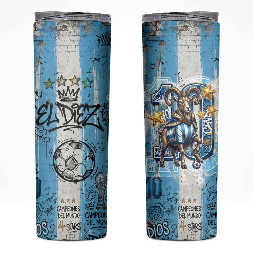 El Diez Argentina GOAT 10 Football Skinny Tumbler Goat Mascot King Crown Graffiti Art