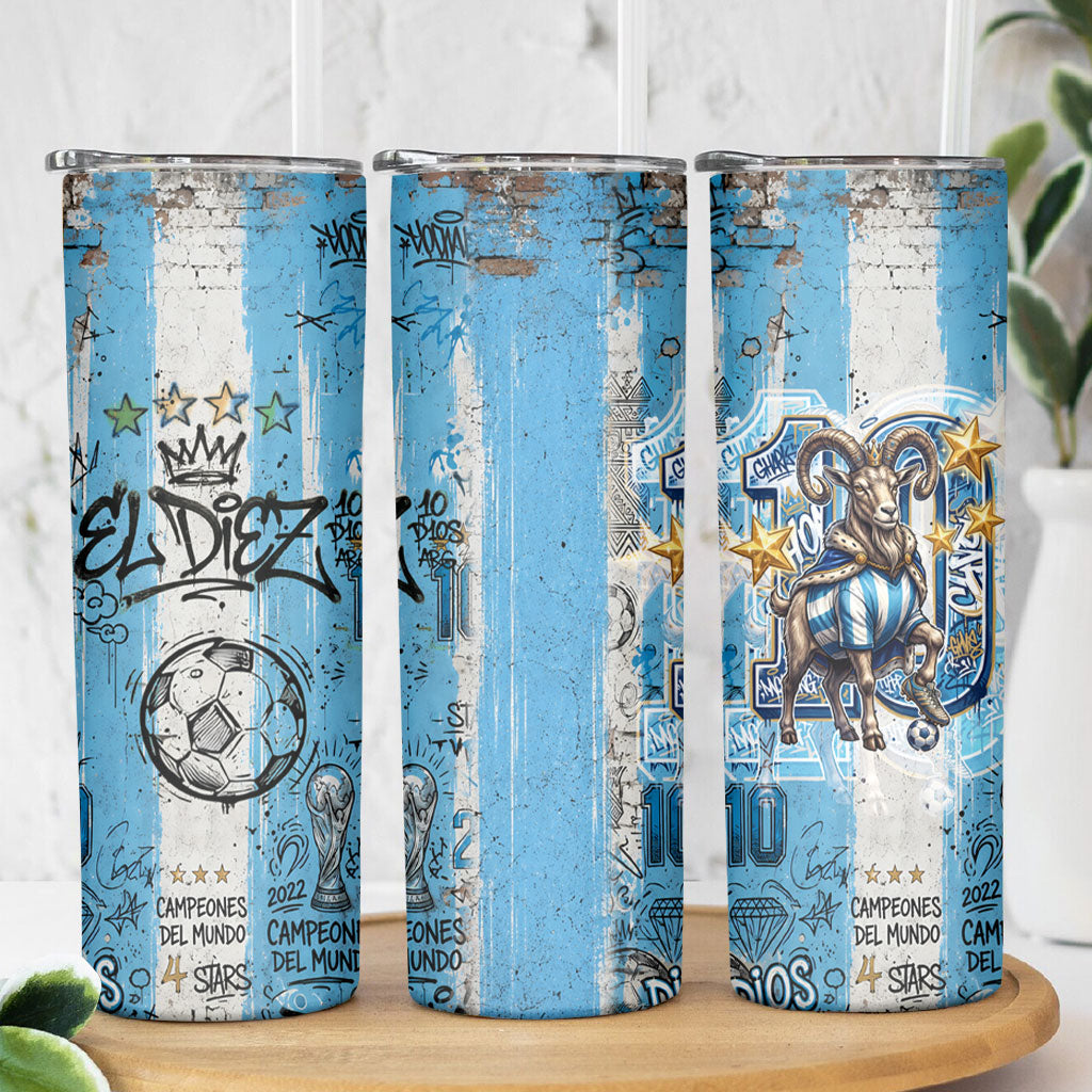 El Diez Argentina GOAT 10 Football Skinny Tumbler Goat Mascot King Crown Graffiti Art