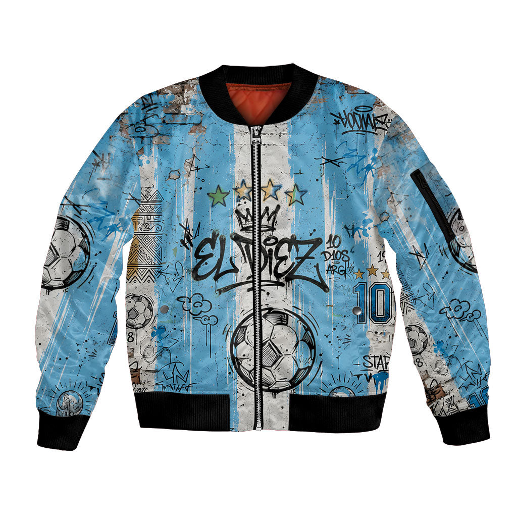 El Diez Argentina GOAT 10 Football Sleeve Zip Bomber Jacket Goat Mascot King Crown Graffiti Art