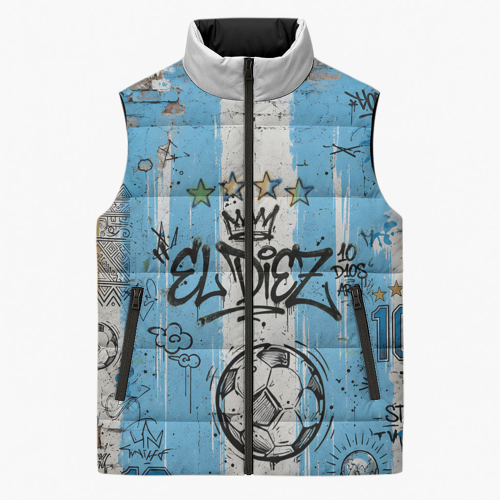 El Diez Argentina GOAT 10 Football Sleeveless Puffer Jacket Goat Mascot King Crown Graffiti Art
