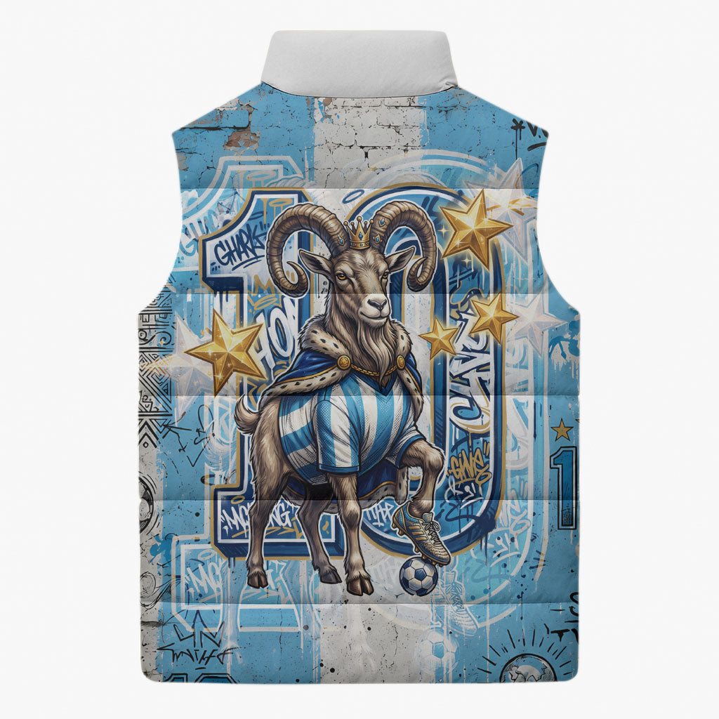 El Diez Argentina GOAT 10 Football Sleeveless Puffer Jacket Goat Mascot King Crown Graffiti Art