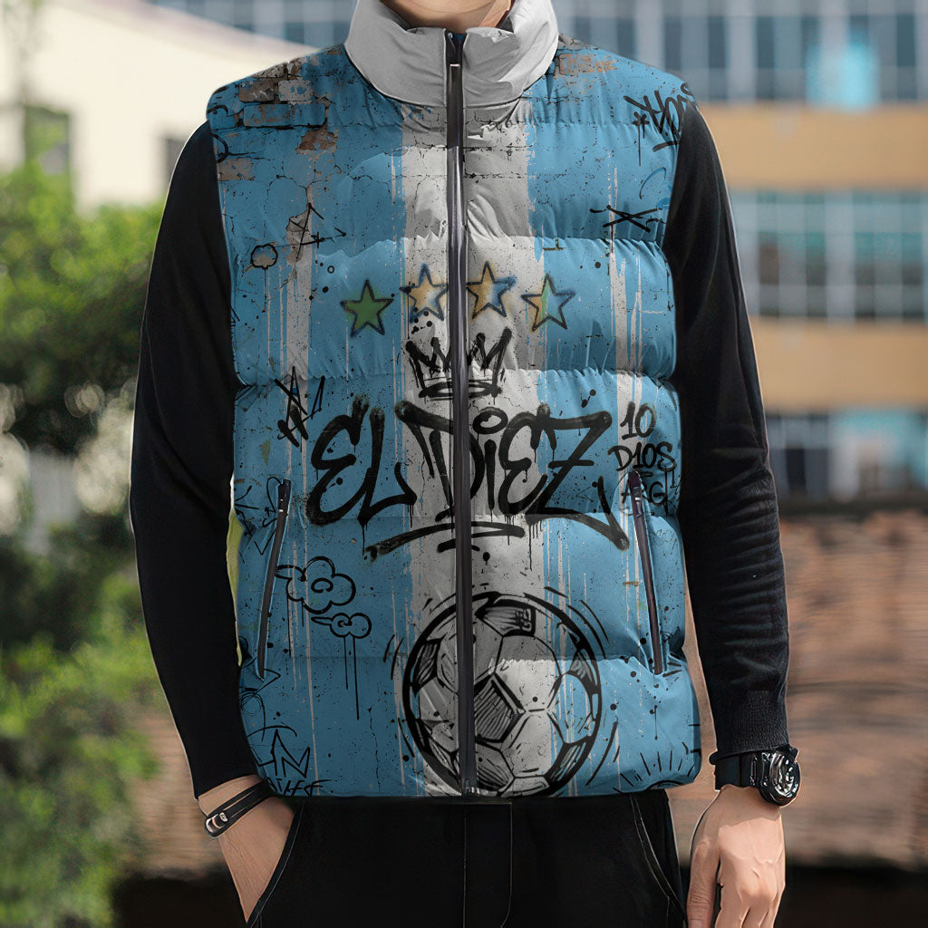 El Diez Argentina GOAT 10 Football Sleeveless Puffer Jacket Goat Mascot King Crown Graffiti Art