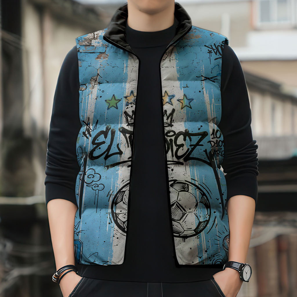 El Diez Argentina GOAT 10 Football Sleeveless Puffer Jacket Goat Mascot King Crown Graffiti Art