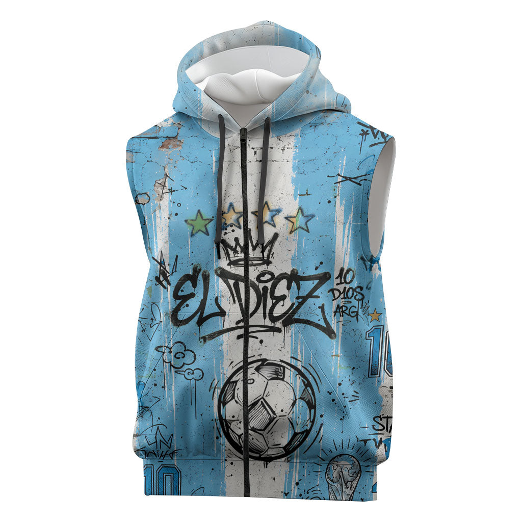 El Diez Argentina GOAT 10 Football Sleeveless Zip Hoodie Goat Mascot King Crown Graffiti Art