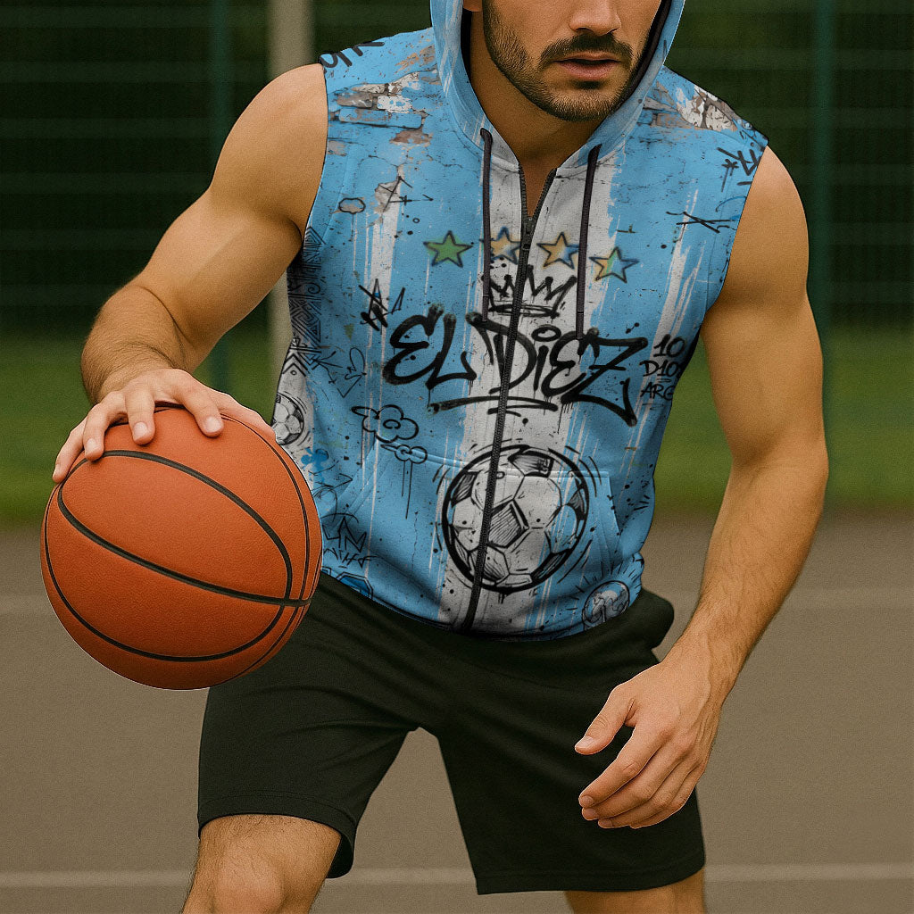 El Diez Argentina GOAT 10 Football Sleeveless Zip Hoodie Goat Mascot King Crown Graffiti Art