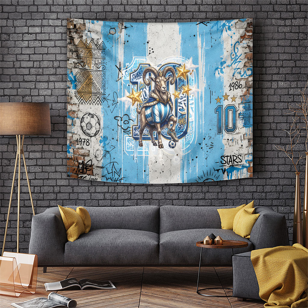 El Diez Argentina GOAT 10 Football Tapestry Goat Mascot King Crown Graffiti Art