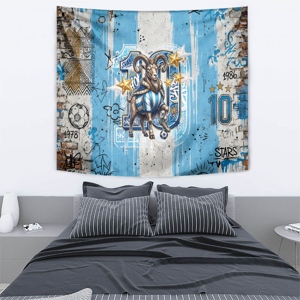 El Diez Argentina GOAT 10 Football Tapestry Goat Mascot King Crown Graffiti Art