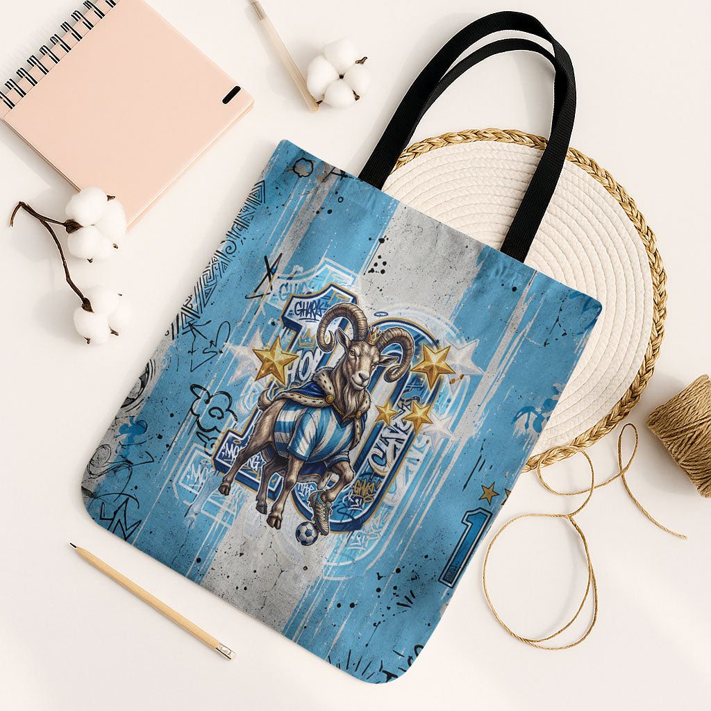 El Diez Argentina GOAT 10 Football Tote Bag Goat Mascot King Crown Graffiti Art