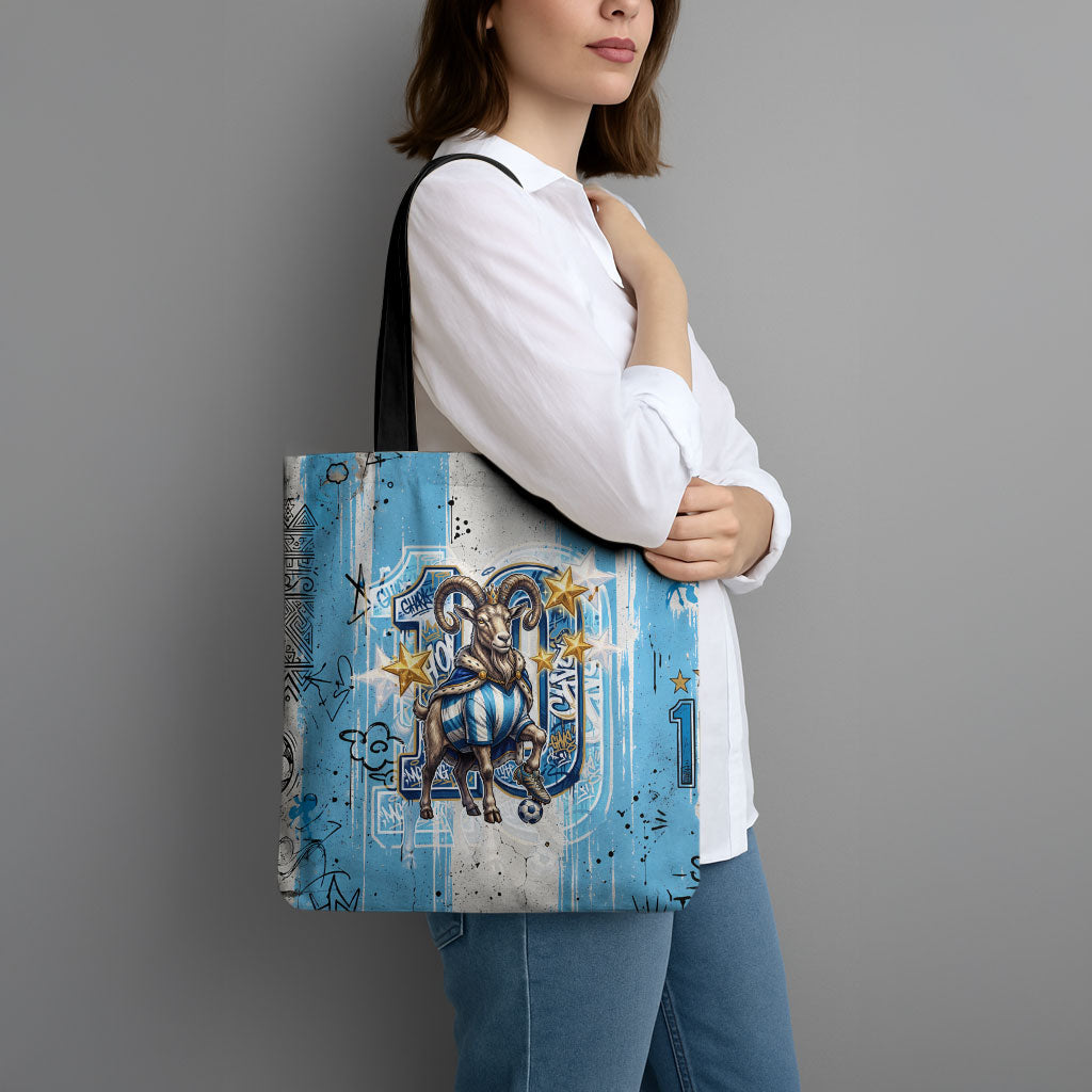 El Diez Argentina GOAT 10 Football Tote Bag Goat Mascot King Crown Graffiti Art
