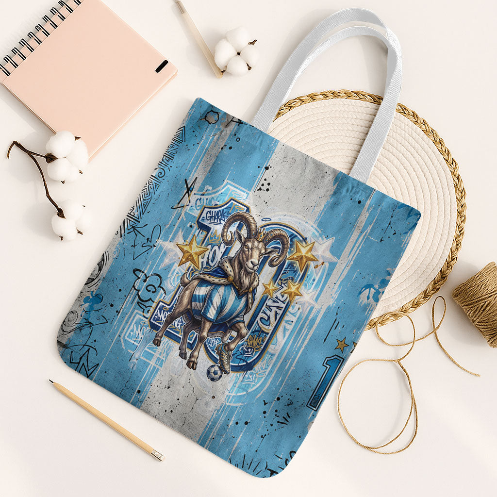 El Diez Argentina GOAT 10 Football Tote Bag Goat Mascot King Crown Graffiti Art