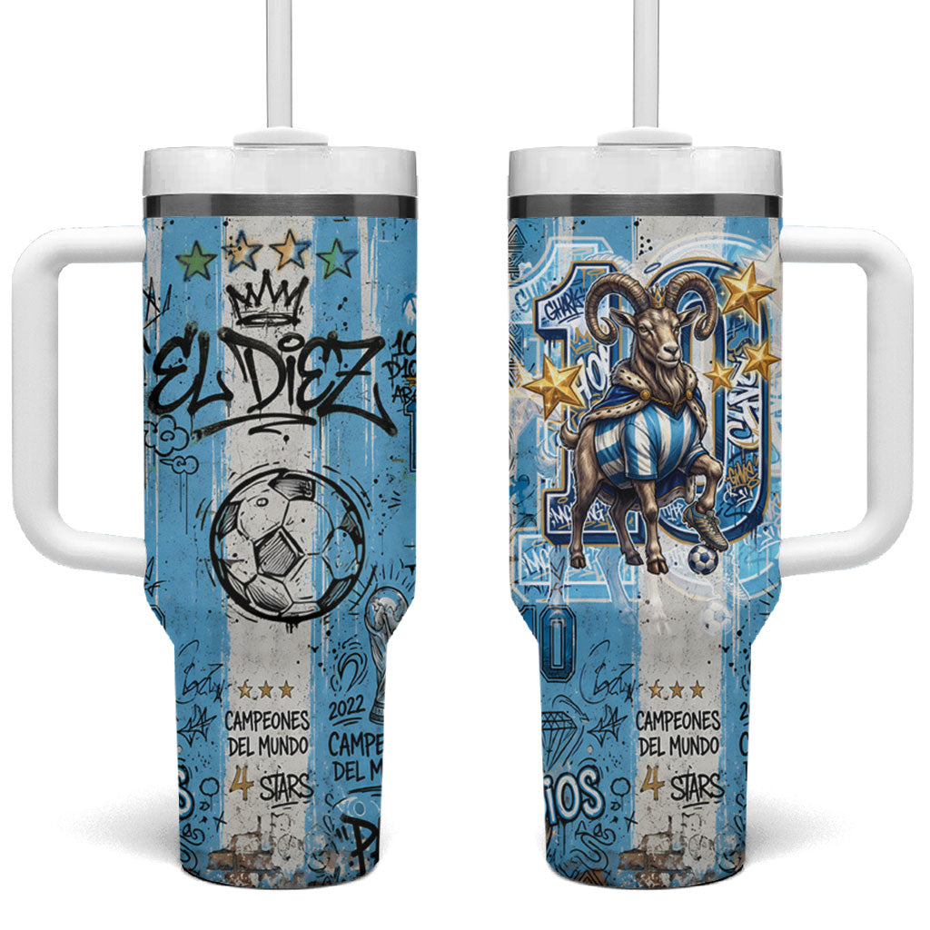 El Diez Argentina GOAT 10 Football Tumbler With Handle Goat Mascot King Crown Graffiti Art