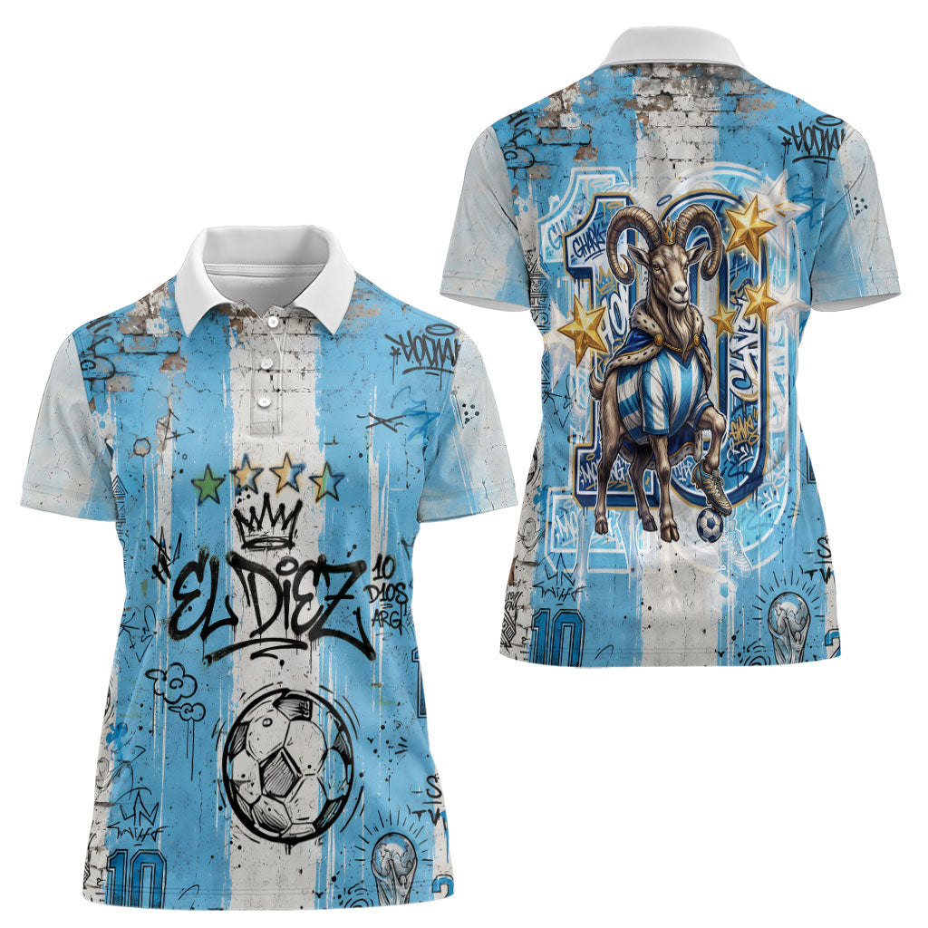 El Diez Argentina GOAT 10 Football Women Polo Shirt Goat Mascot King Crown Graffiti Art