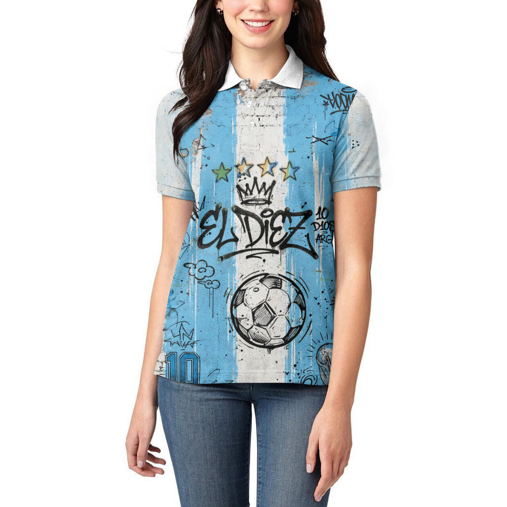 El Diez Argentina GOAT 10 Football Women Polo Shirt Goat Mascot King Crown Graffiti Art