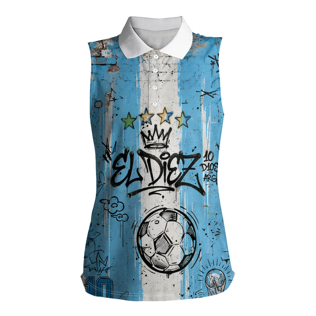 El Diez Argentina GOAT 10 Football Women Sleeveless Polo Shirt Goat Mascot King Crown Graffiti Art