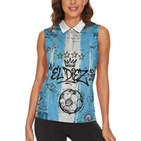 El Diez Argentina GOAT 10 Football Women Sleeveless Polo Shirt Goat Mascot King Crown Graffiti Art