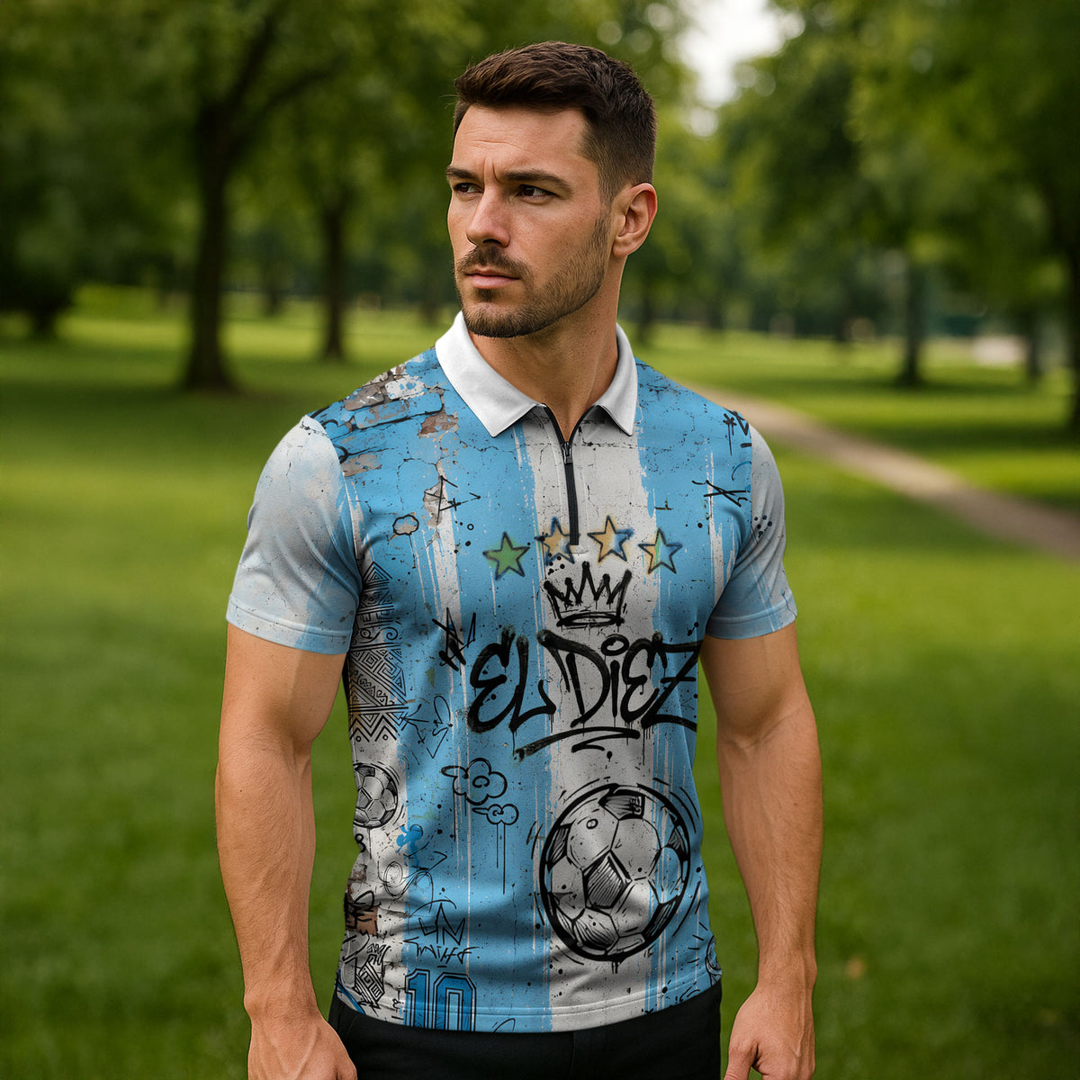 El Diez Argentina GOAT 10 Football Zipper Polo Shirt Goat Mascot King Crown Graffiti Art