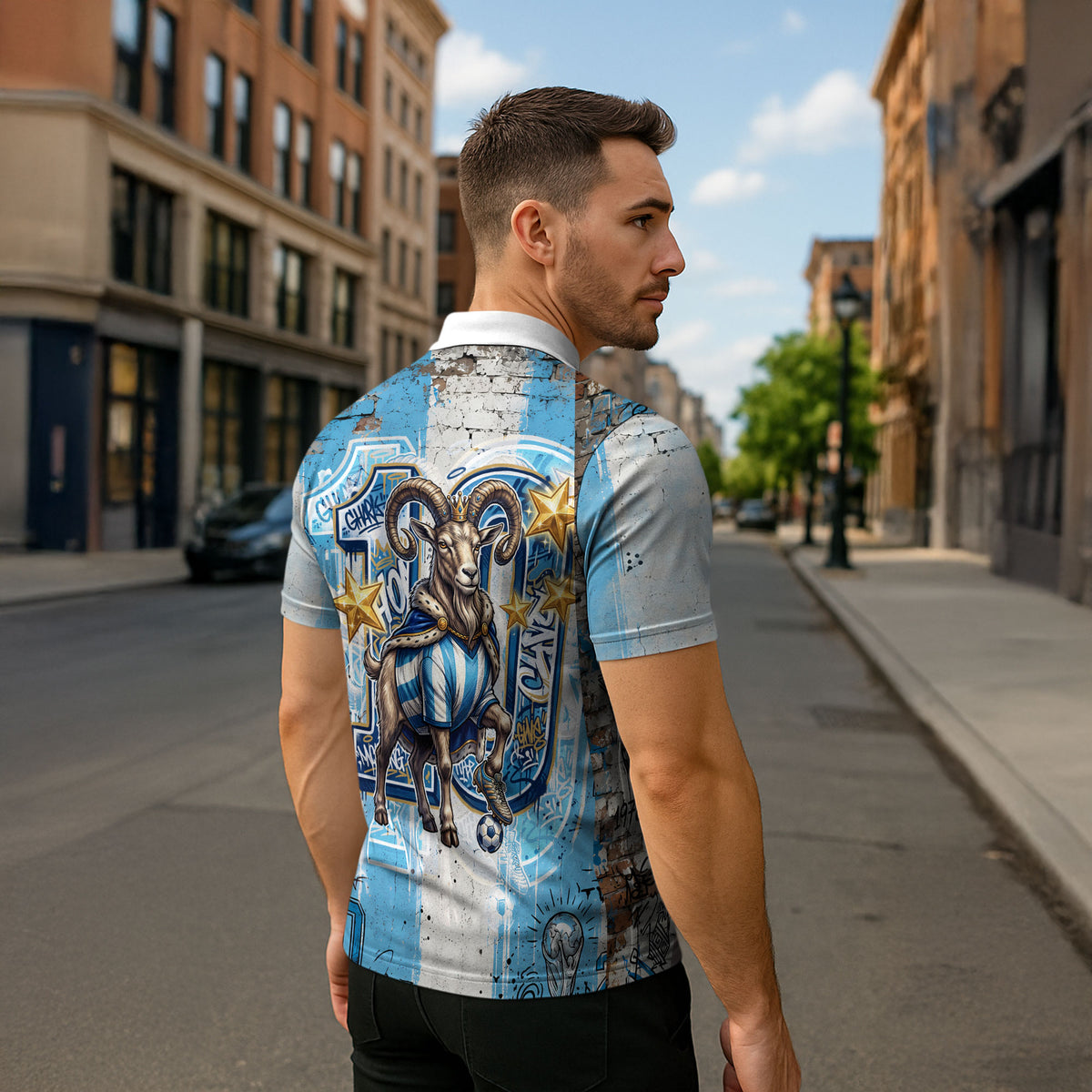 El Diez Argentina GOAT 10 Football Zipper Polo Shirt Goat Mascot King Crown Graffiti Art