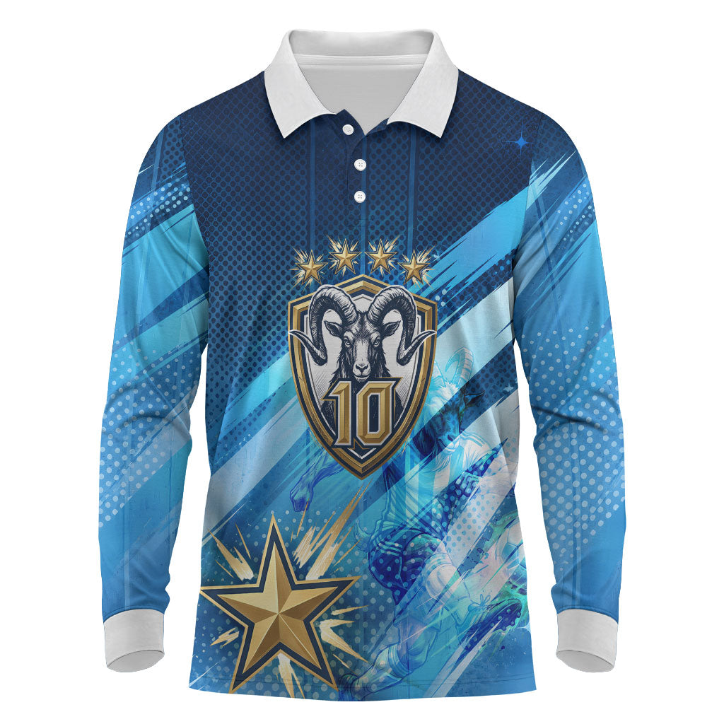 Argentina Football GOAT 10 Pride Long Sleeve Polo Shirt Power of the King - 4 Star Champions Mascot