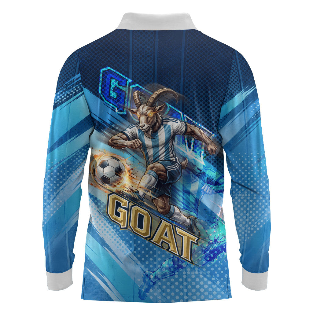 Argentina Football GOAT 10 Pride Long Sleeve Polo Shirt Power of the King - 4 Star Champions Mascot