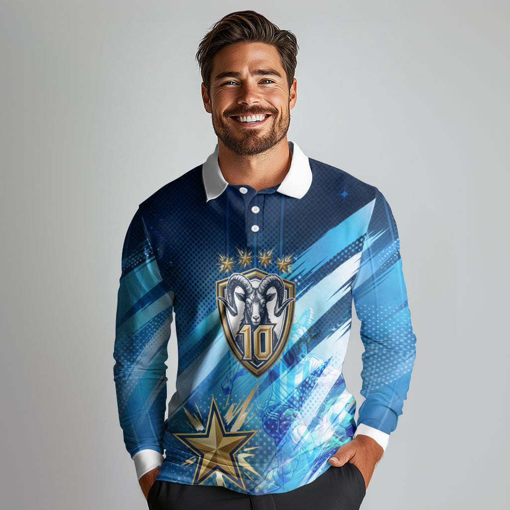 Argentina Football GOAT 10 Pride Long Sleeve Polo Shirt Power of the King - 4 Star Champions Mascot