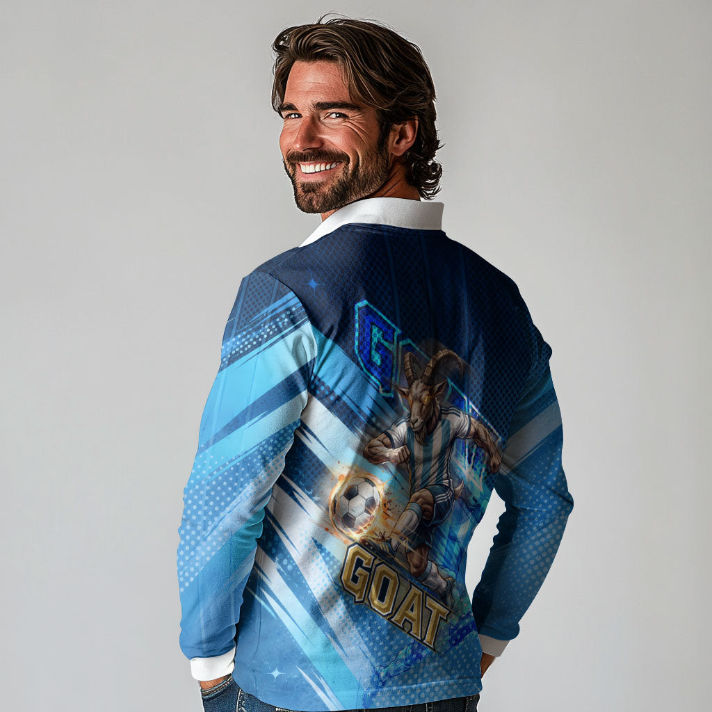 Argentina Football GOAT 10 Pride Long Sleeve Polo Shirt Power of the King - 4 Star Champions Mascot