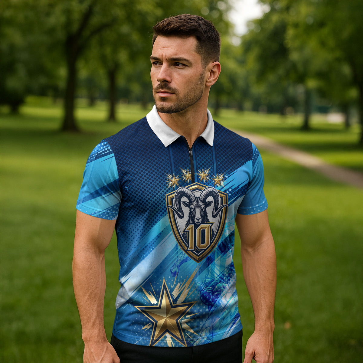 Argentina Football GOAT 10 Pride Zipper Polo Shirt Power of the King - 4 Star Champions Mascot