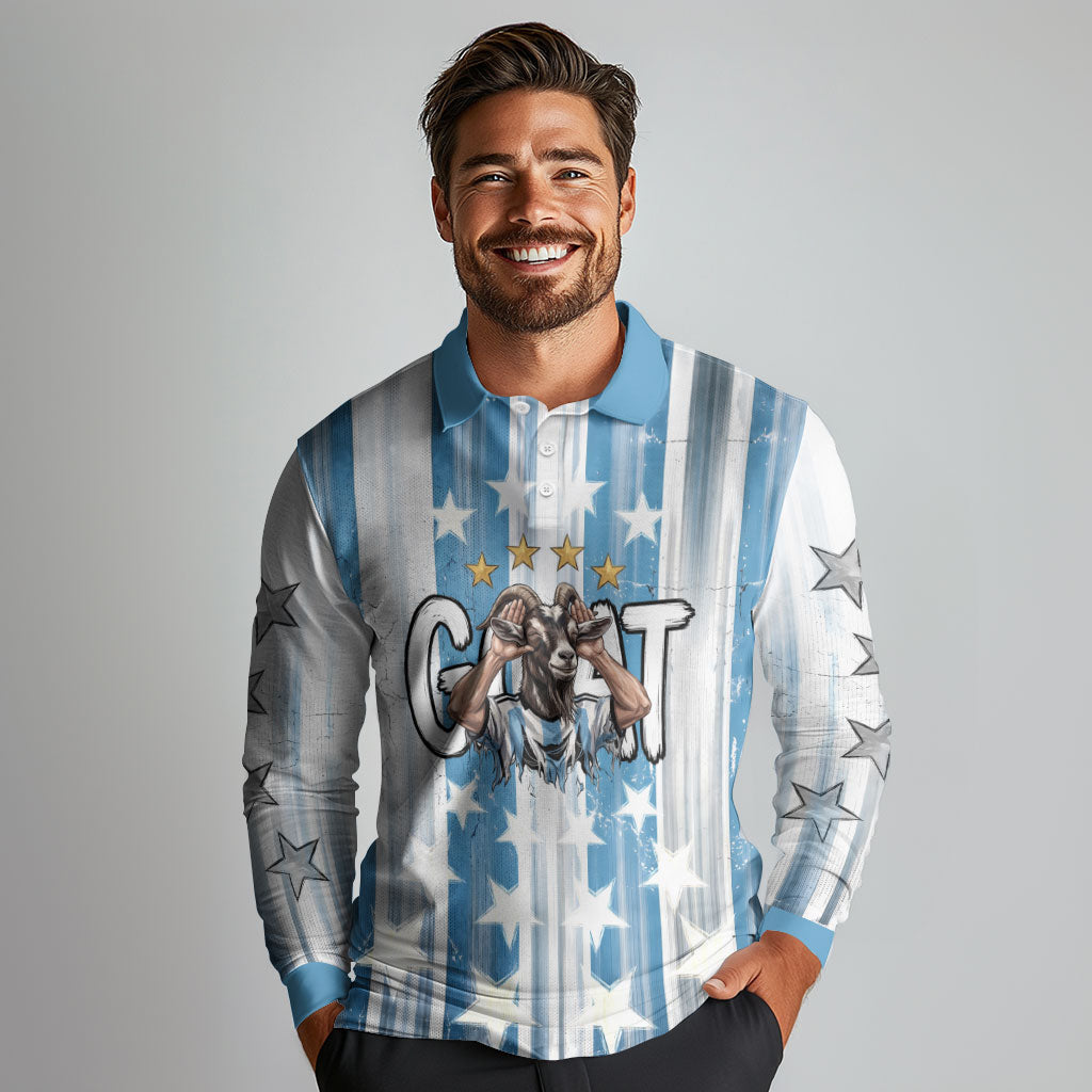 Argentina Football GOAT Long Sleeve Polo Shirt Four Times World Champions