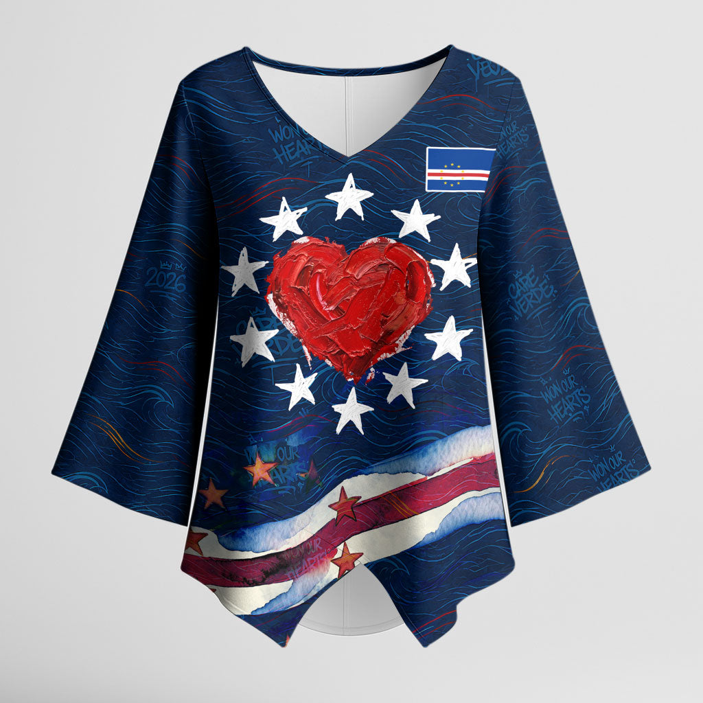 Cape Verde World Football 2026 Kimono Sleeve Blouse Blue Sharks Won Our Hearts - Oil Paint Style