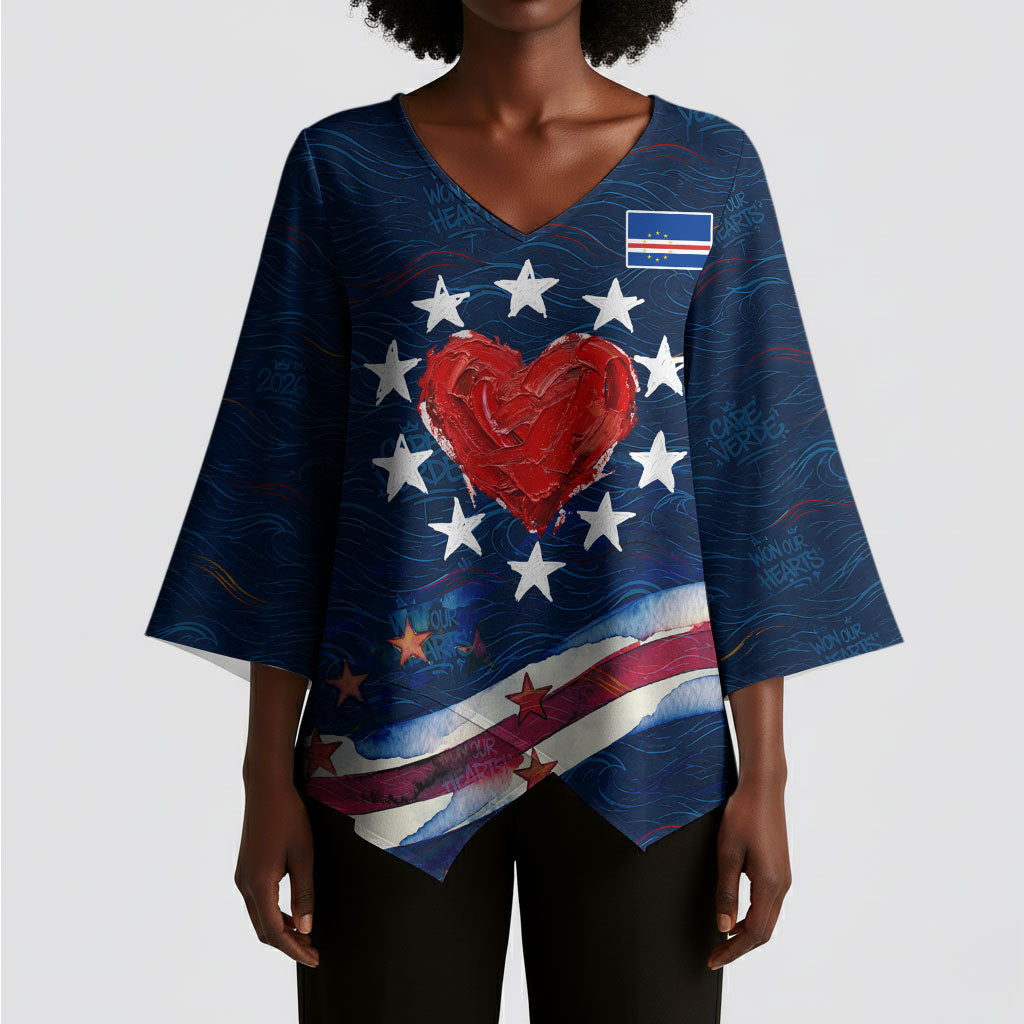 Cape Verde World Football 2026 Kimono Sleeve Blouse Blue Sharks Won Our Hearts - Oil Paint Style