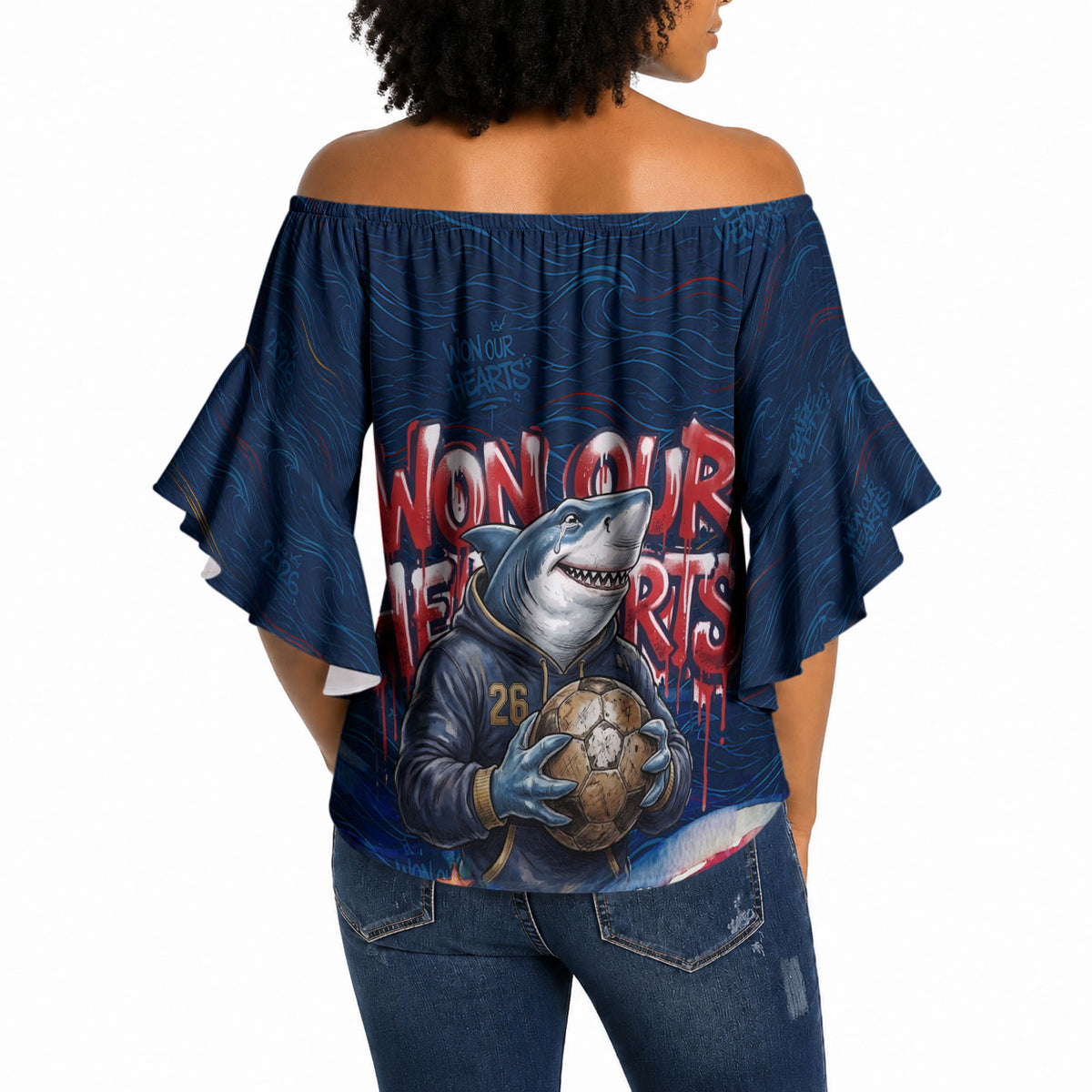Cape Verde World Football 2026 Off Shoulder Wrap Waist Top Blue Sharks Won Our Hearts - Oil Paint Style