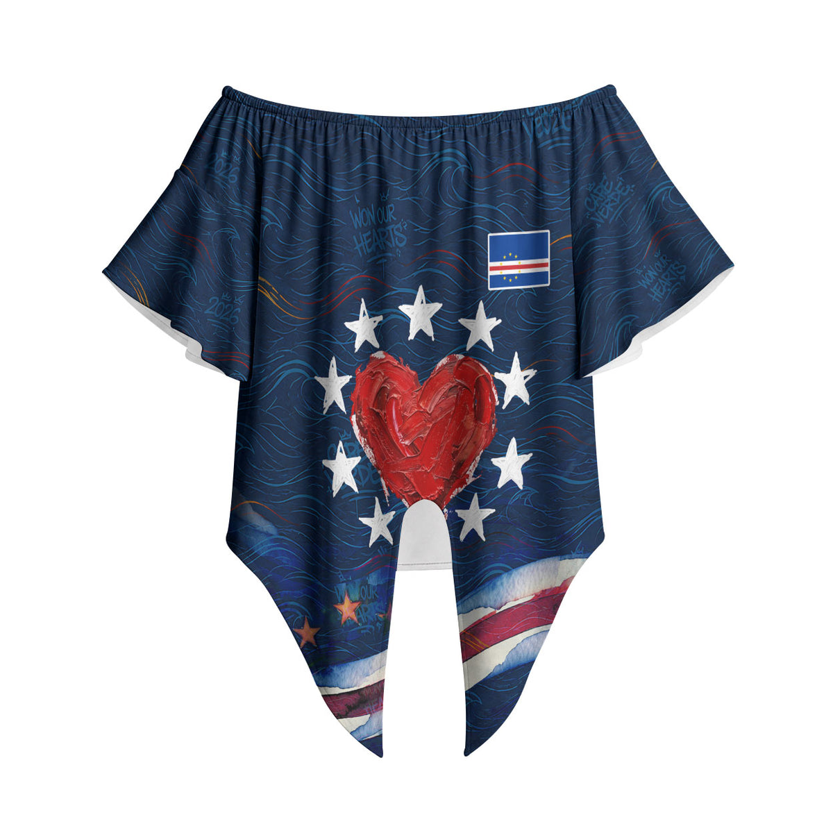 Cape Verde World Football 2026 Off Shoulder Wrap Waist Top Blue Sharks Won Our Hearts - Oil Paint Style