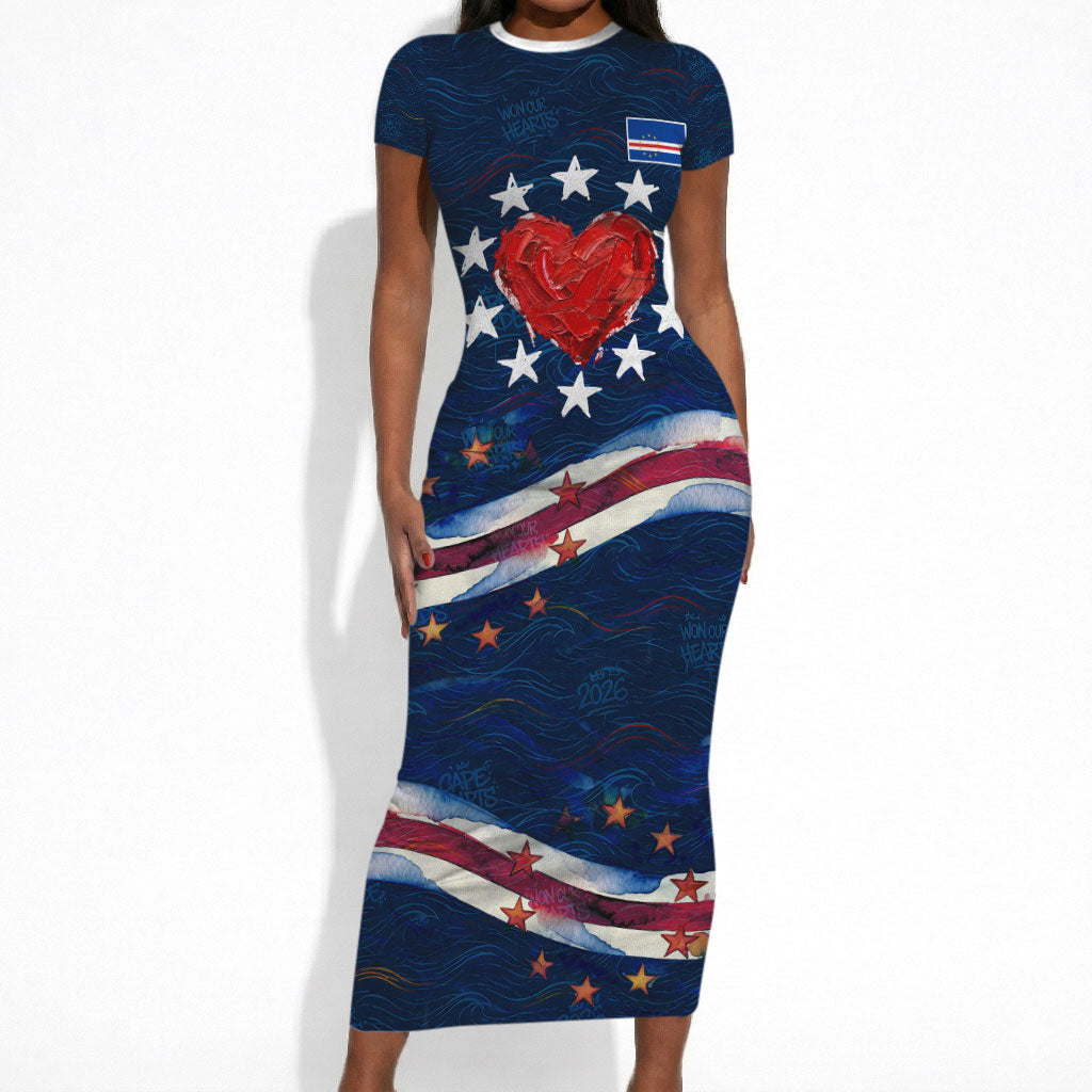 Cape Verde World Football 2026 Short Sleeve Bodycon Dress Blue Sharks Won Our Hearts - Oil Paint Style