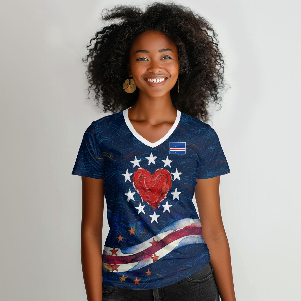 Cape Verde World Football 2026 Women V-Neck T-Shirt Blue Sharks Won Our Hearts - Oil Paint Style